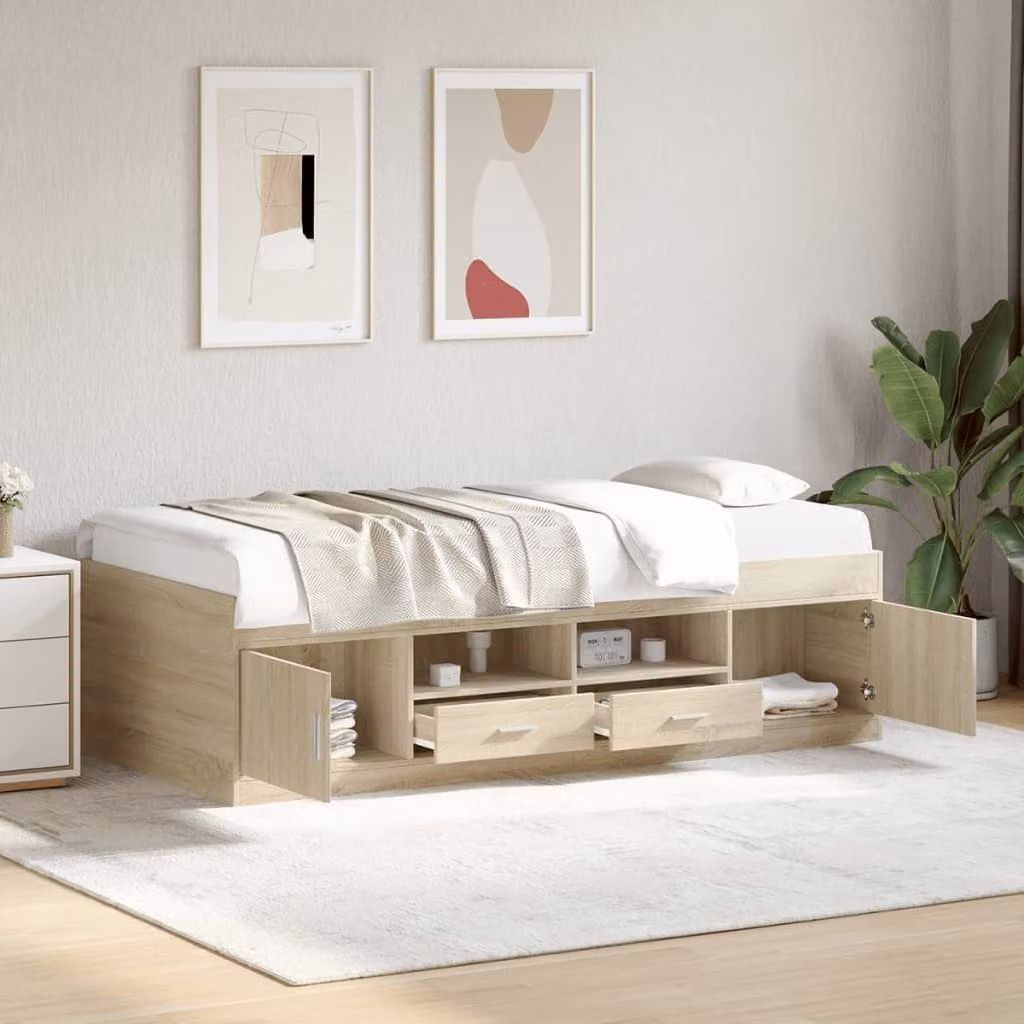 vidaXL Divano Letto Moderno con Cassetti e Seduta Sollevabile, Colore Rovere, L/P/H: 200 x 102 x 52 cm – 1