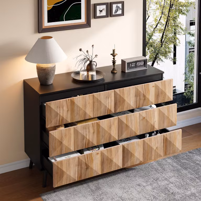 Credenza Merax con 6 cassetti e ante rialzate, cassettiera in stile industriale con struttura geometrica e robusto telaio in ferro, nero + legno