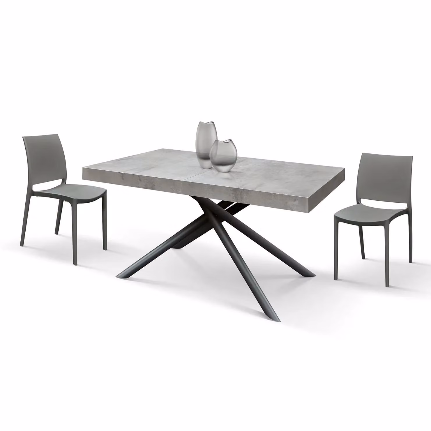 Tavolo CARRARA in legno, finitura grigio cemento e base in metallo verniciato antracite, allungabile 180×90 cm - 260×90 cm