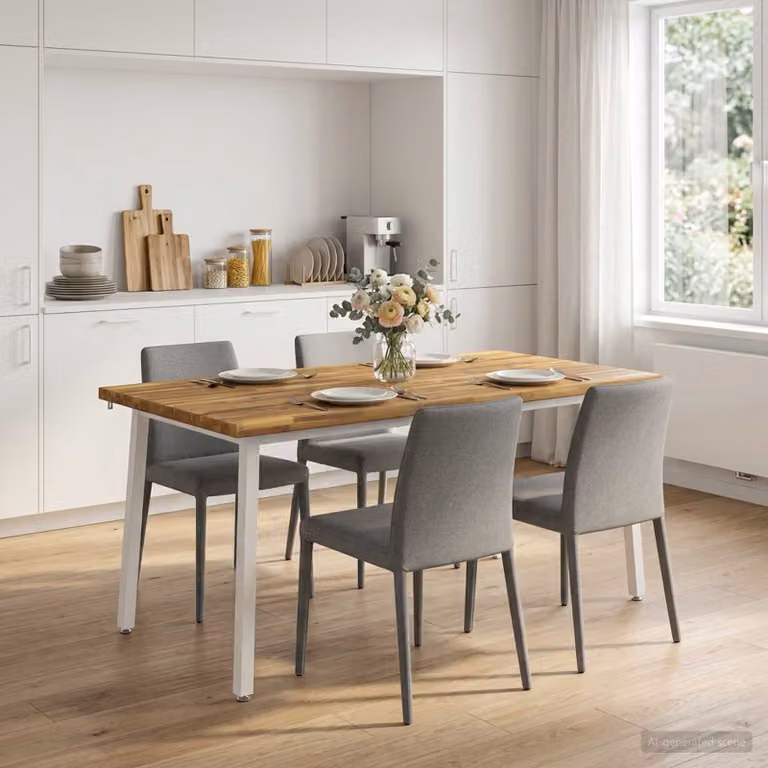 vidaXL Tavolo da pranzo rettangolare moderno in legno di acacia con bordo vivo e base in metallo, Bianco, L: 160 cm, P: 90 cm, H: 75 cm