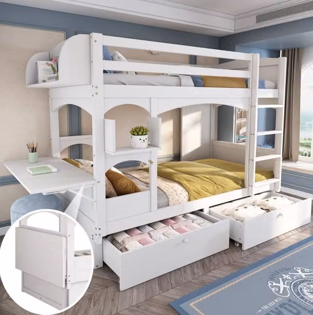 Letto a castello per bambini 90x200 cm con scrivania pieghevole; ripiani e 2 cassetti; bianco