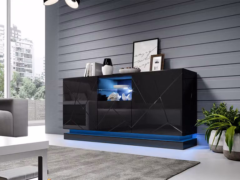Cassettiera con ante e illuminazione a LED RGB LIMA - nero / nero lucido