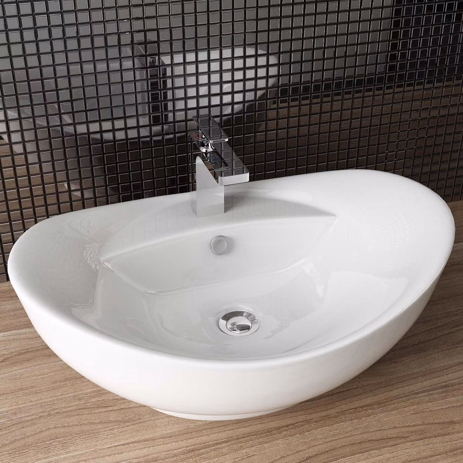 Lavabo in Vetroceramica, 59x39x21 cm, bianco lucido, forma ovale