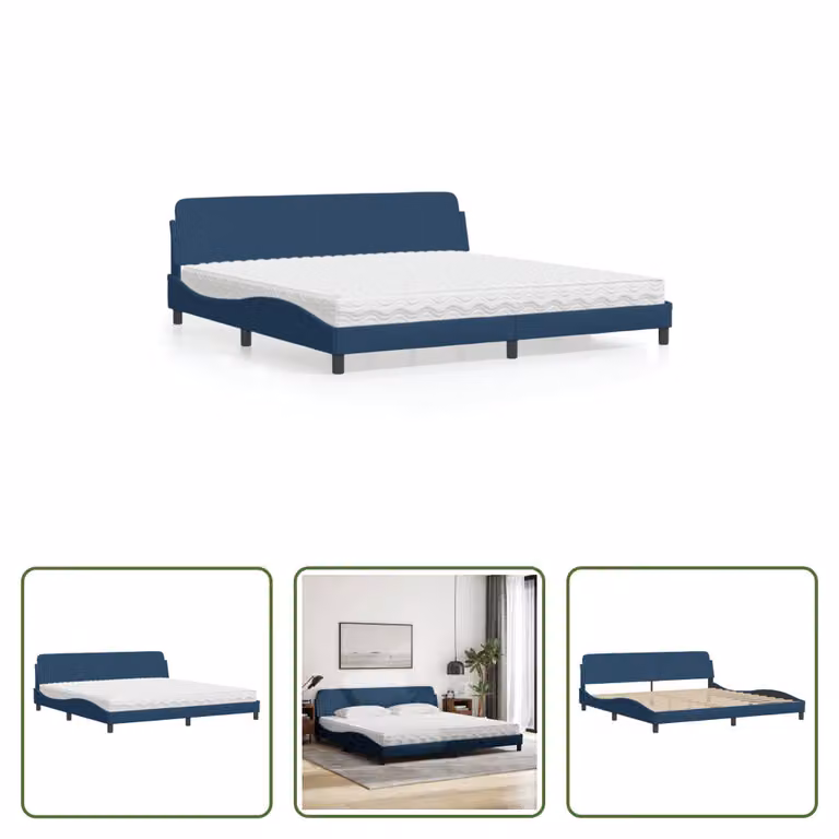 The Living Store Letto con materasso blu 200x200 cm in tessuto