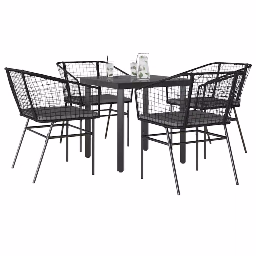 Set da pranzo da giardino vidaXL in polyrattan con tavolo in vetro e 5 cuscini, grigio e nero