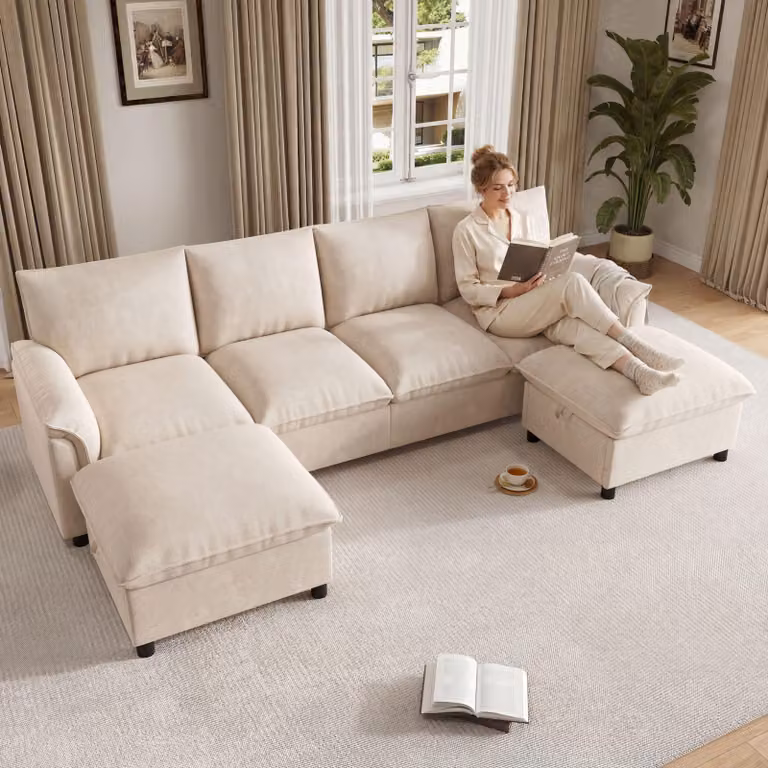 Divano a U Merax, divano ad angolo a 4 posti con 2 poggiapiedi, divano modulare Cloud con contenitore, divano in ciniglia con vano portaoggetti, divano, divano da salotto, beige