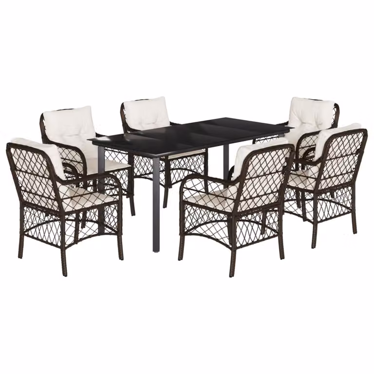 Set da Pranzo da Giardino 7pz con Cuscini in Polyrattan Marrone