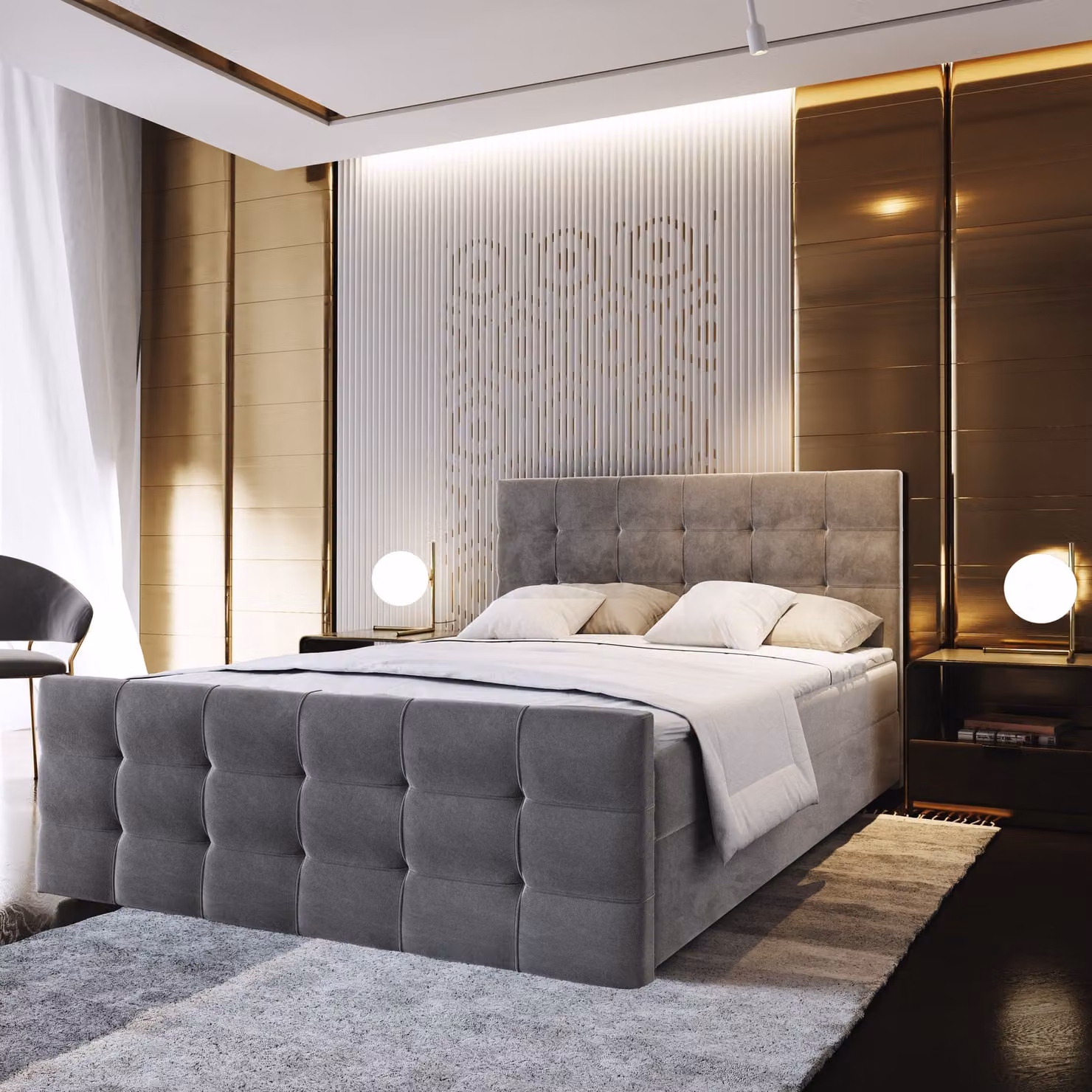 Letto a molle Masseno AMON 160x200 cm completo di materasso e topper Bonell, letto imbottito con cassettiera - grigio, COSMIC 160