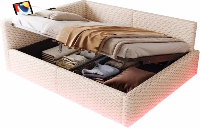 Letto contenitore matrimoniale Chicfurn in velluto beige con illuminazione LED e porte USB e Type-C, L/P/H: 140 x 200 x 147,5 cm
