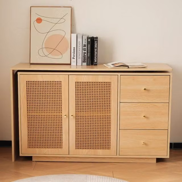 Scrivania angolare a L 126 cm bianca con ante in rattan, tavolo per computer e toeletta