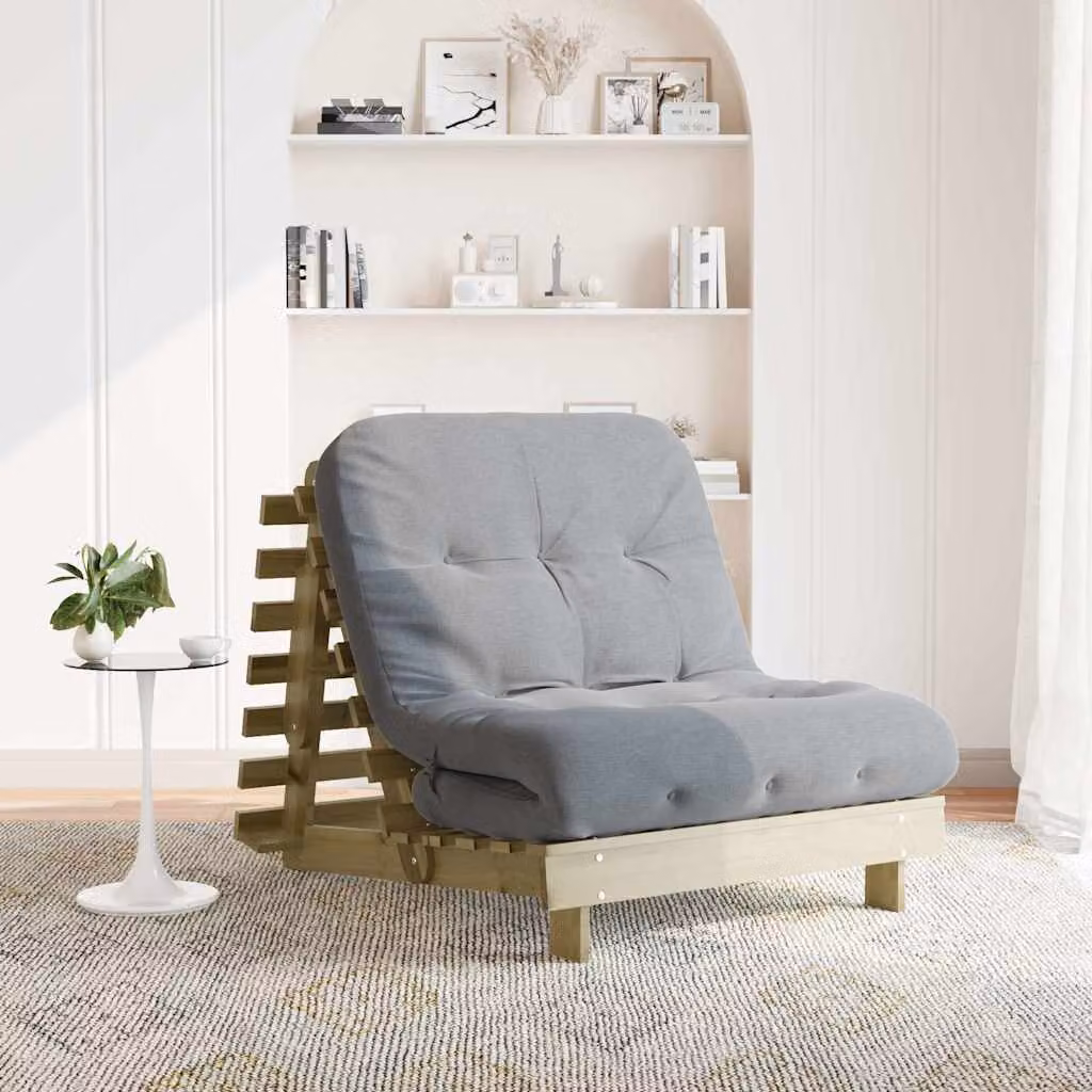 vidaXL Divano Letto Futuro in Pino Impregnato con Materasso in Schiuma, Colore Grigio e Marrone, L/P/H: 206 x 90 x 11 cm – 1