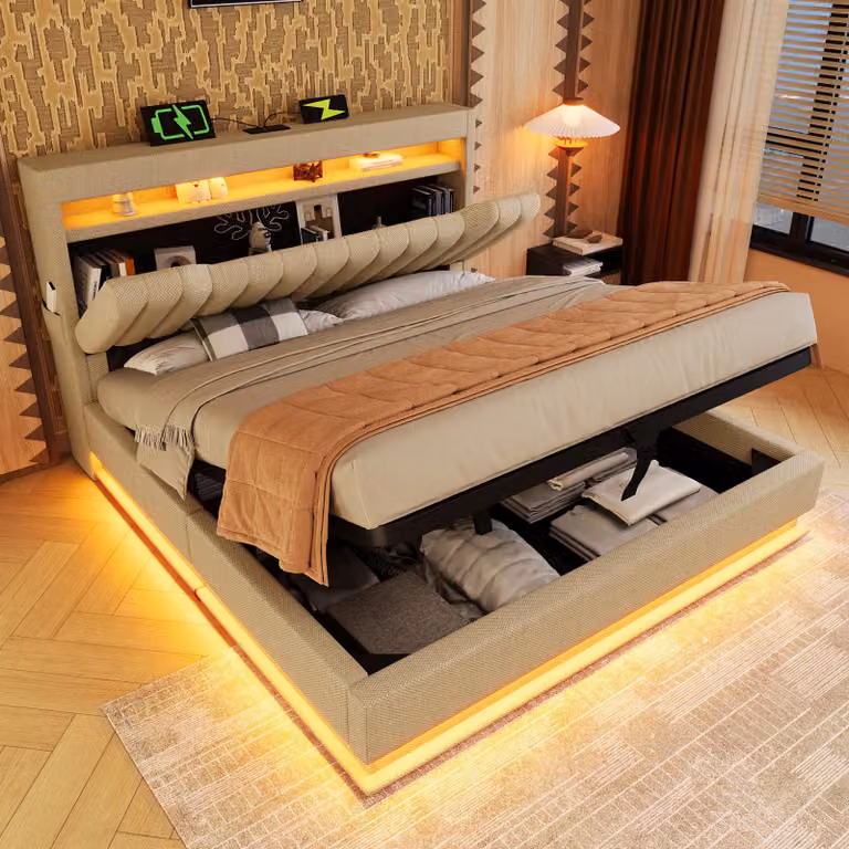 MODFU Letto imbottito, letto multifunzionale 140x190 con testiera contenitore, letto matrimoniale con illuminazione LED USB e di tipo C, struttura del letto con illuminazione LED, senza materasso, color beige