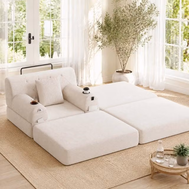 Poltrona letto singola MIVRAY in velluto a coste beige con schienale alto, struttura in metallo e imbottitura in schiuma per il tuo soggiorno