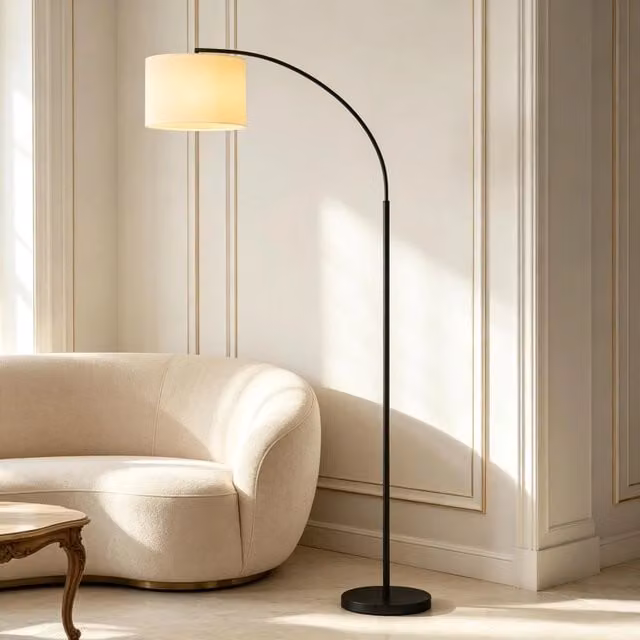 Lampada da terra ad arco moderna con telecomando in metallo e tessuto, disponibile in nero, beige o bianco, H: 180,6 cm – 1