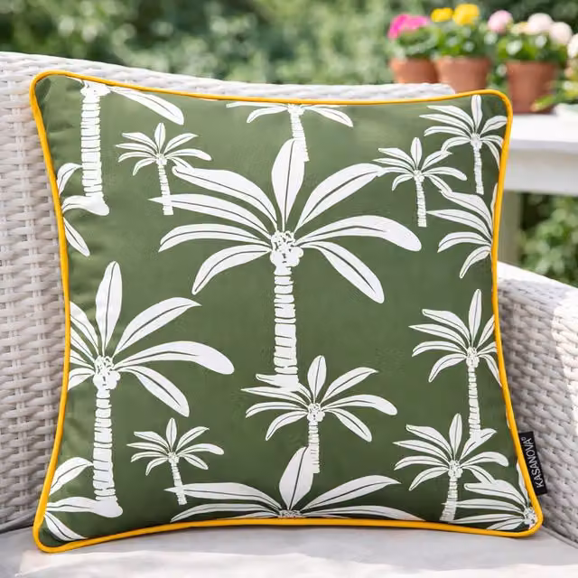 Cuscino arredo quadrato KASANOVA con motivo palme verde, idrorepellente e lavabile, L 40 cm x P 40 cm x H 40 cm
