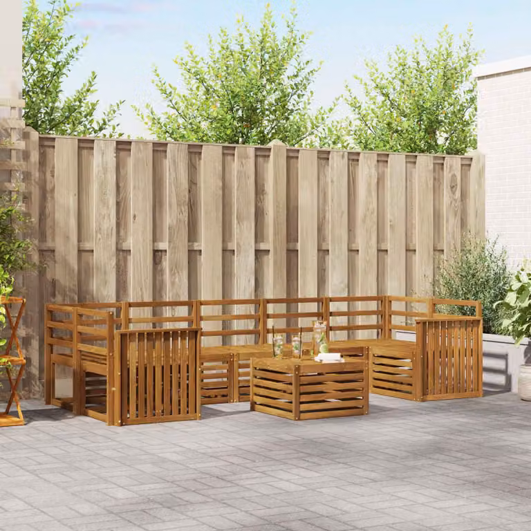 Set di divani da esterno vidaXL 8 pz in legno di acacia massello marrone con cuscini e tavolino da caffè a forma di L per giardino e terrazza