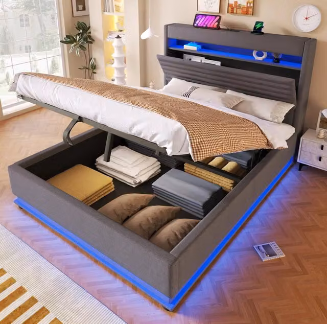 Letto imbottito 140x200 cm grigio con LED, ricarica USB/Type-C e vano contenitore