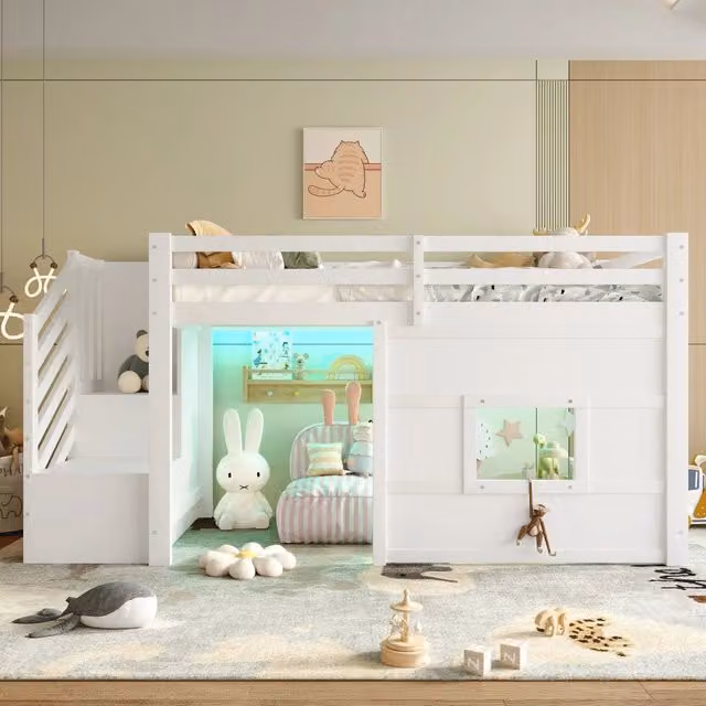 Letto a soppalco 90x200 con scala contenitore; LED e finestra; bianco in legno di pino e MDF