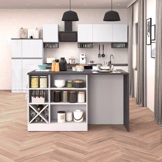 WHOUS Isola da cucina Sole con 1 anta 2 cassetti e 6 vani bianco lucido/report 153x90x91 cm
