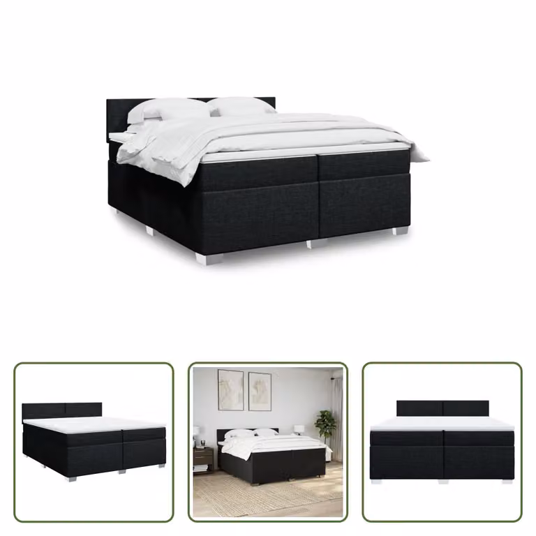The Living Store Letto a molle con materasso nero 200x200 cm in tessuto