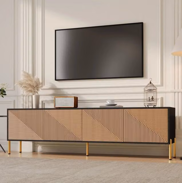 Mobile TV ULEVR 179x35x53,5 cm con 4 ante senza maniglie, superficie strutturata, nero e naturale