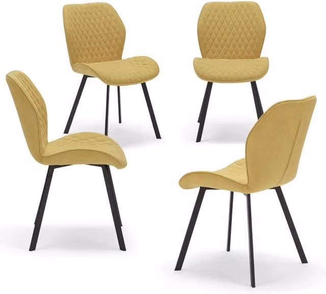 Set 4 sedie imbottite modello GIORGIA per interni, design moderno, gambe quadre robuste in metallo effetto ghisa, schienale e seduta rivestiti con tessuto effetto trapuntato morbido al tatto colore Senape