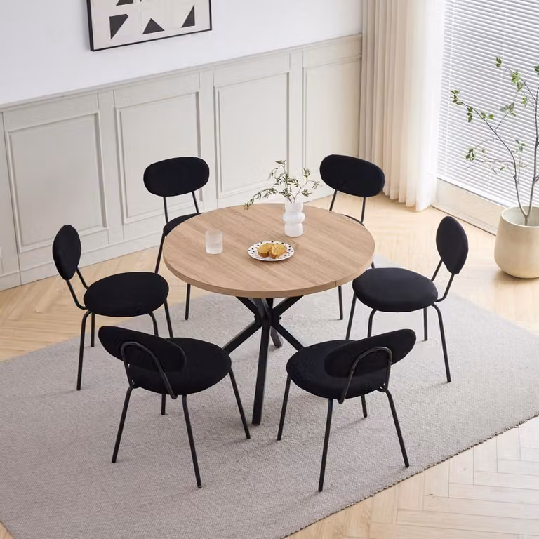 Set tavolo e sedie: tavolo rotondo in legno di 100 cm di diametro, 6 sedie, impilabili, colore kaki chiaro e nero