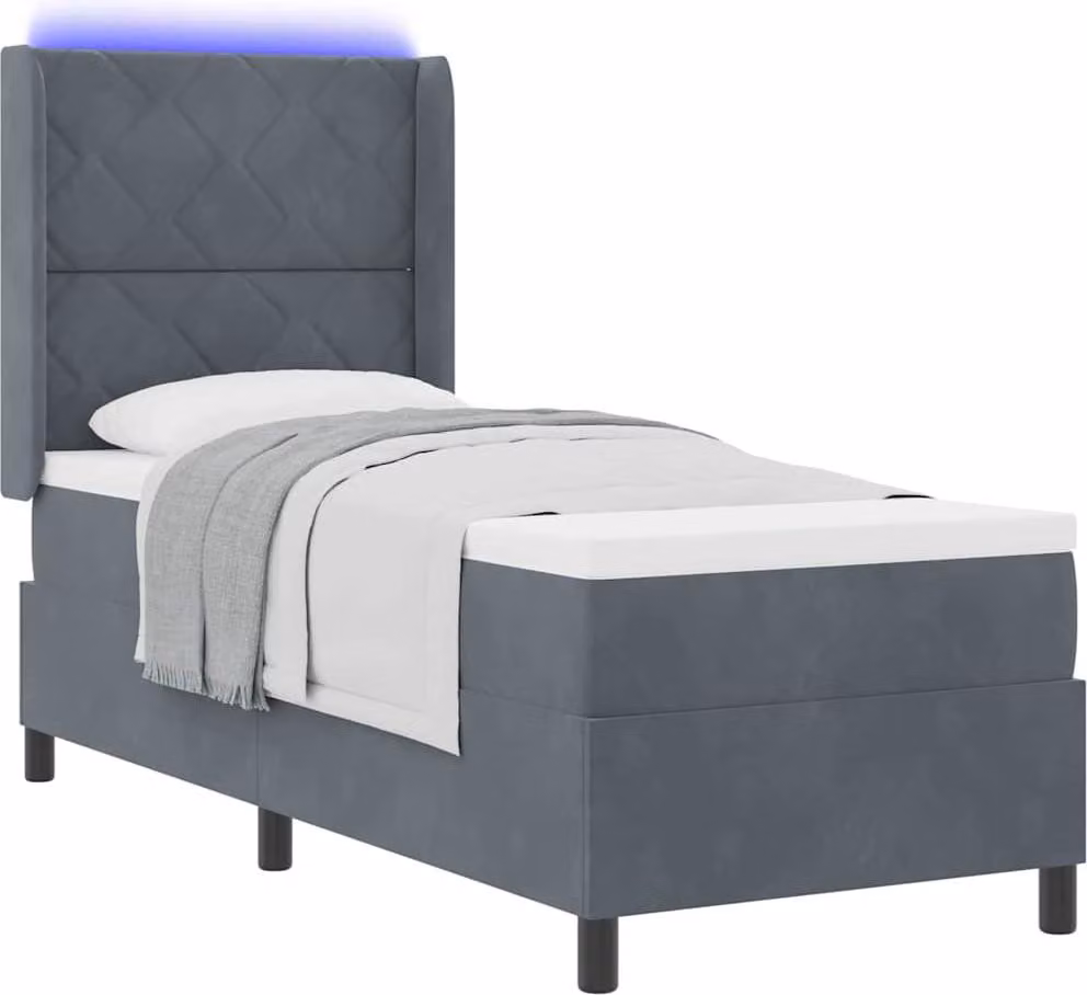 Letto con rete a molle e illuminazione a LED, colore grigio scuro, dimensioni 80 x 200 cm, rivestito in velluto