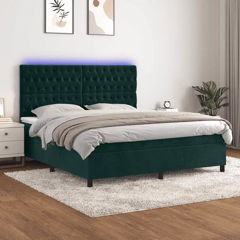 Letto matrimoniale con materasso ibrido vidaXL in velluto verde scuro con illuminazione LED e porta USB, L/P: 180 x 200 cm