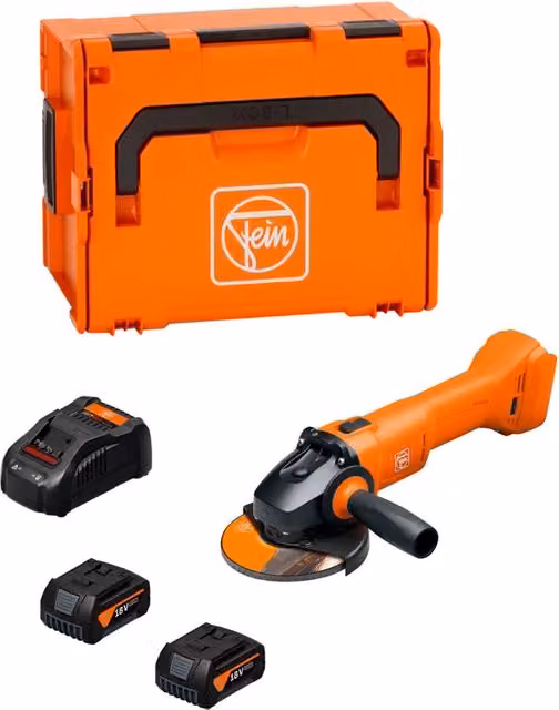Smerigliatrice angolare FEIN CCG 18-125-10 AS arancione con 2 batterie da 5,0 Ah, caricabatterie GAL1880CV e L-Boxx 238