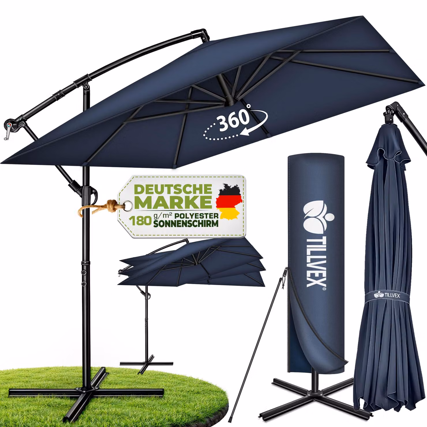 tillvex® Parasole in alluminio, rettangolare, diametro 330 cm, rosso + copertura con manovella | Parasole a gondola, angolare, con supporto | Parasole da giardino, protezione UV, in alluminio | Parasole con manovella, impermeabile, girevole a 360°