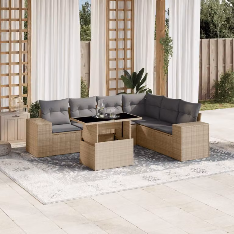 vidaXL Set Divani da Giardino 7 pz a Forma a L in Polyrattan con Cuscini Beige e Tavolino, Design Moderno per Terrazza e Giardino