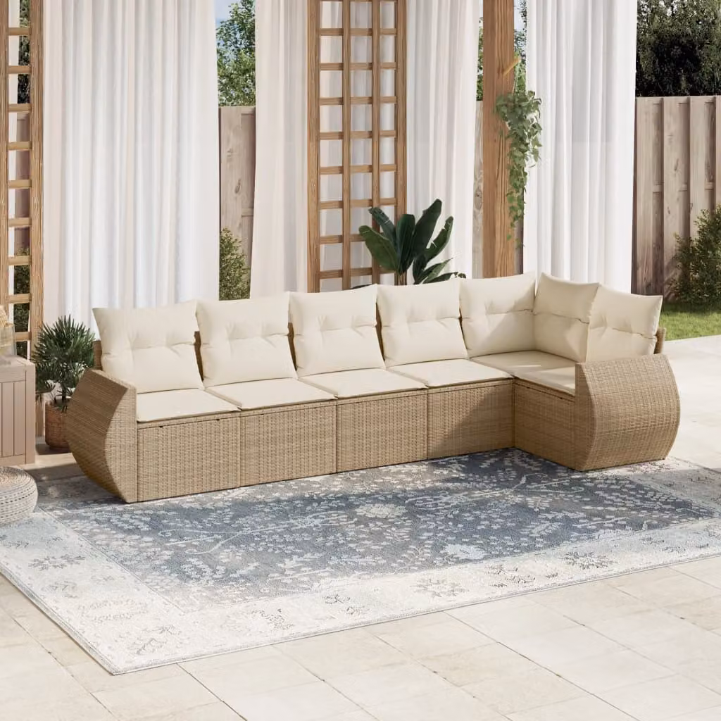 Set Divano da Giardino vidaXL 6 pz a Forma a L in Polyrattan con Cuscini Beige e Struttura in Metallo