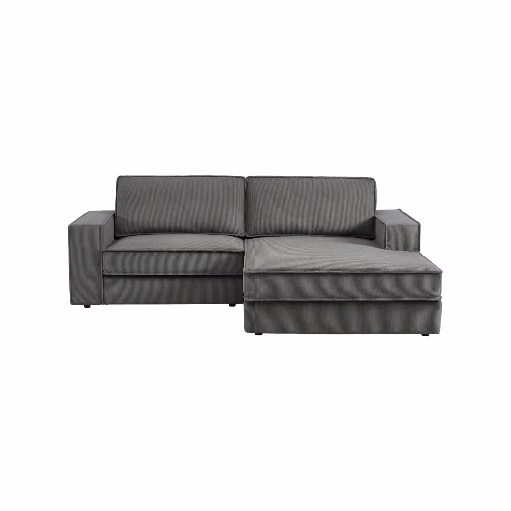 Divano angolare destro SWEEEK in velluto a coste grigio con struttura in legno massello e cuscini decorativi, 3 posti, L/P/H: 231 x 156 x 83 cm – 2