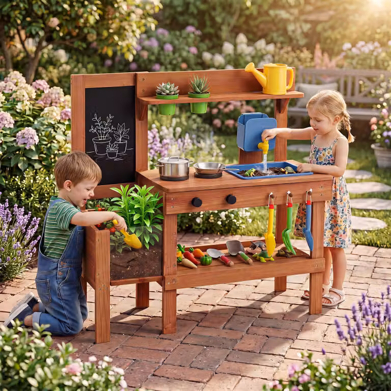Cucina giocattolo in legno Costway con accessori da giardinaggio per bambini dai 3 anni in su, marrone e multicolore