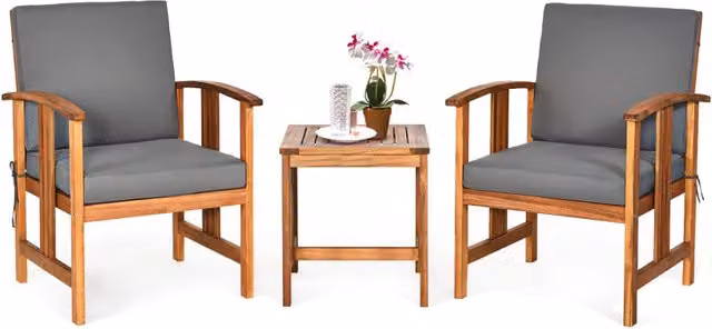 Set divano da esterno in legno di acacia a 3 pezzi con cuscini, Set di mobili da conversazione imbottiti per giardino Grigio