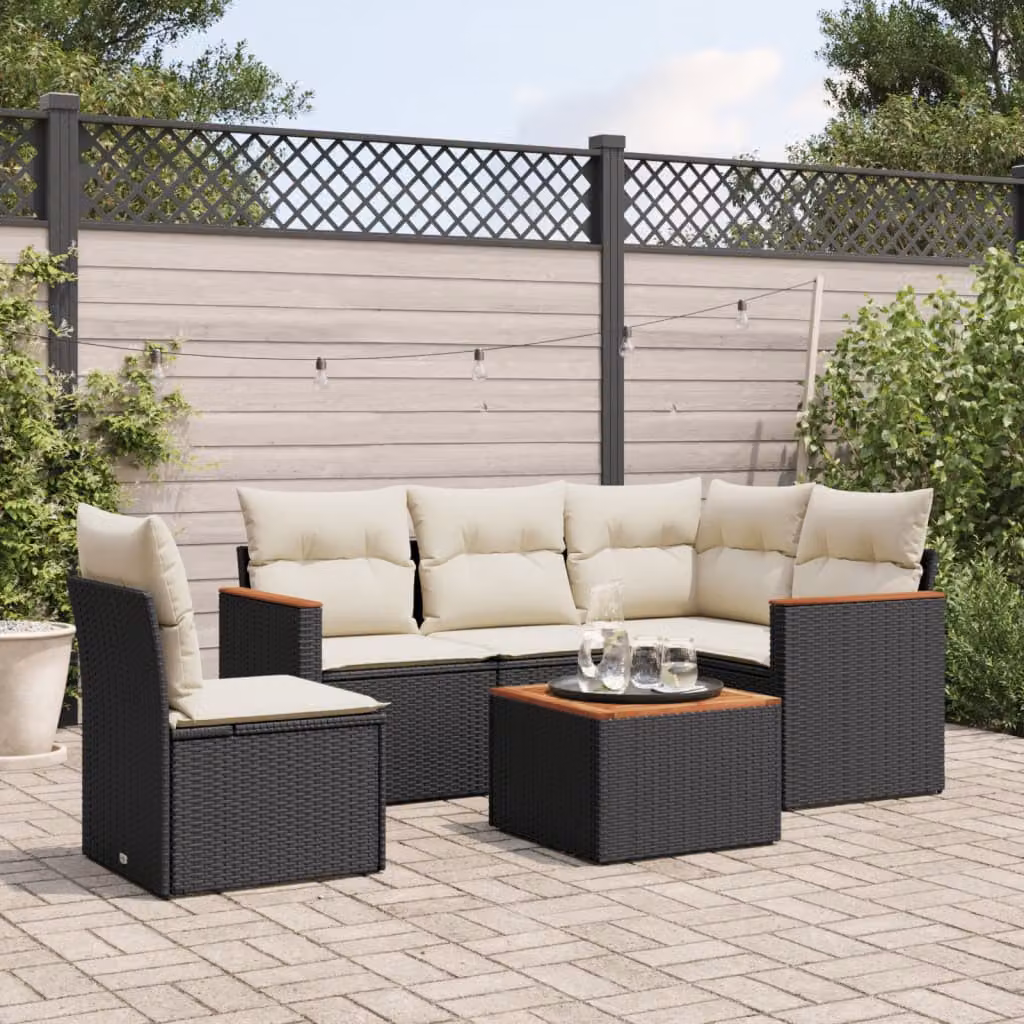 Set Divano da Giardino a L vidaXL 6 pz con Cuscini Nero in Polyrattan e Acciaio – 1