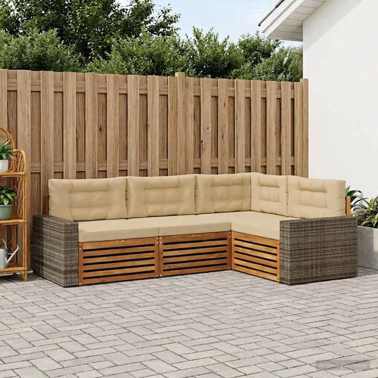 Set di divani da esterno vidaXL a forma di L composto da 4 pezzi in legno di acacia con cuscini beige e marrone in poliestere resistente ai raggi UV