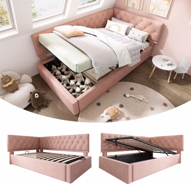 Letto imbottito Sweiko daybed daybed 90x200cm, divano letto con contenitore idraulico, letto per bambini letto per ragazzi struttura letto con doghe in legno, velluto, rosa, senza materasso.