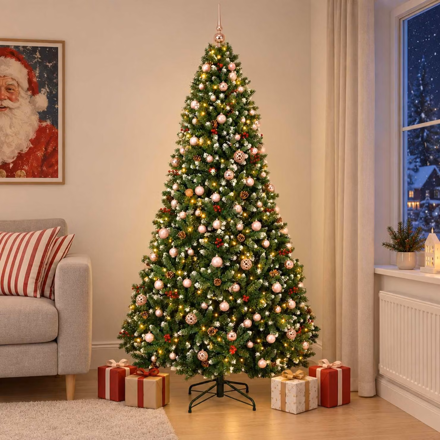 Albero di Natale artificiale, verde con decorazioni a sfera, altezza 210 cm, 300 luci a LED