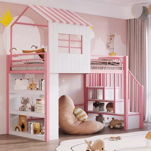 Letto a soppalco multifunzione 90x200 cm rosa con scala contenitore