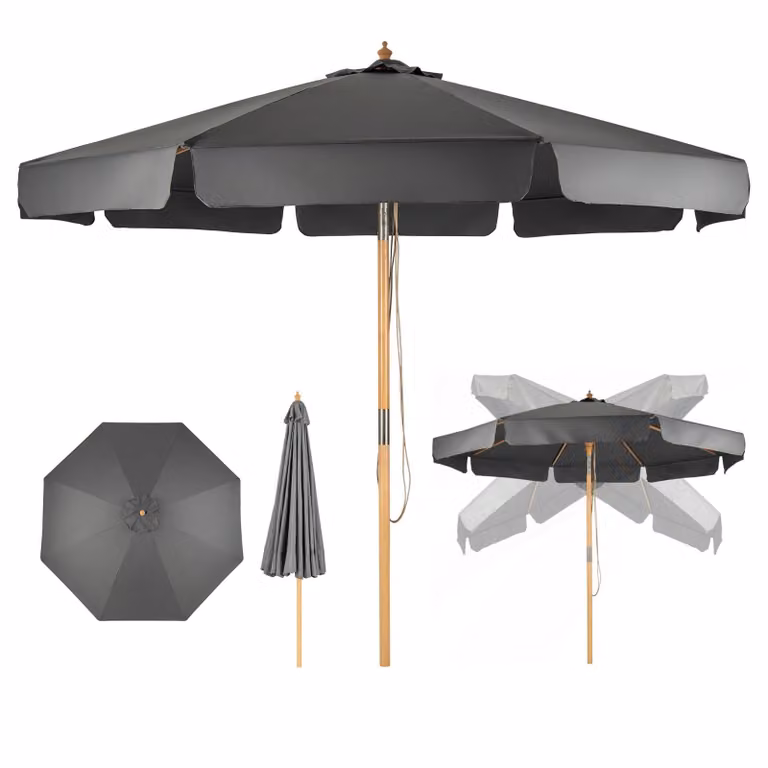 Ombrellone da 300 cm, ombrellone da giardino e da spiaggia pieghevole, ombrellone da terrazza con cordicella, base per ombrellone e 8 stecche in legno, ombrellone da mercato con presa d'aria, protezione UV (nero)