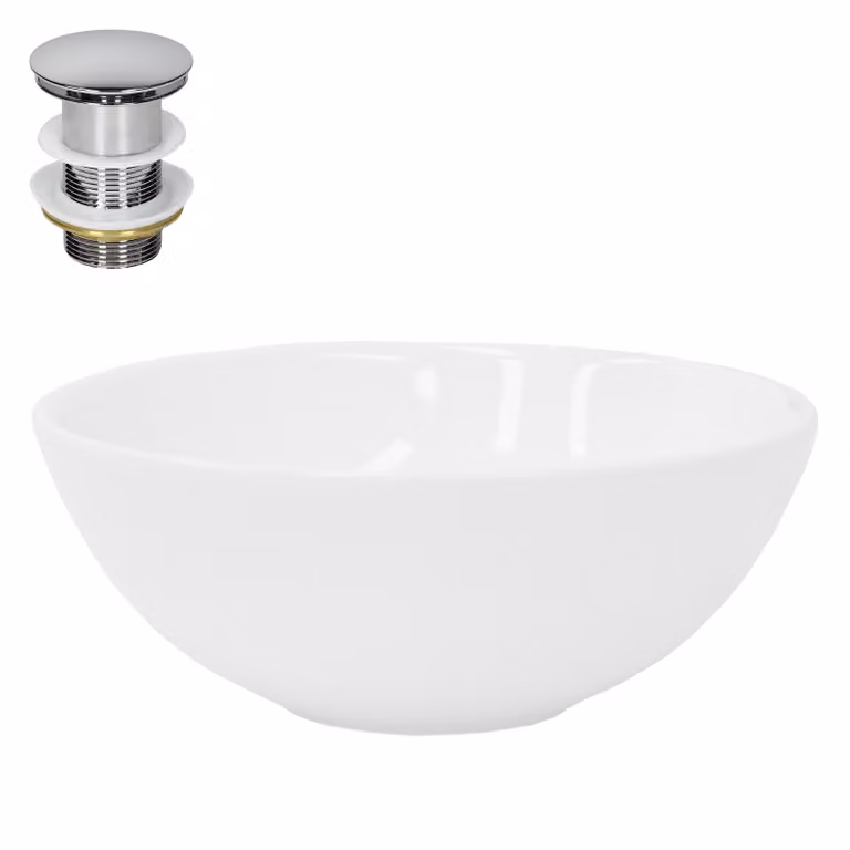 Lavabo LuxeBath Lavabo da appoggio rotondo, Ø 28x11,6 cm, bianco, in Vetroceramica, incl. set di scarico senza troppopieno