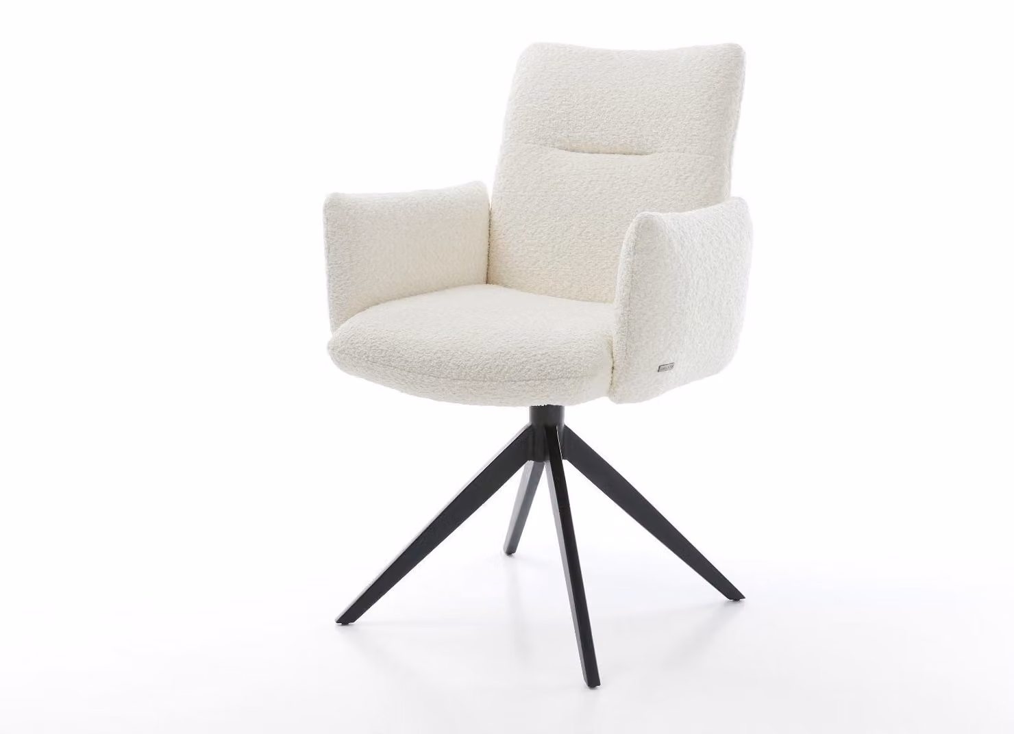 Sedia girevole DELIFE Jova-Flex con braccioli, rivestita in tessuto bouclé bianco, struttura a croce nera, rotazione a 360°, funzione basculante, imbottitura in molle insacchettate