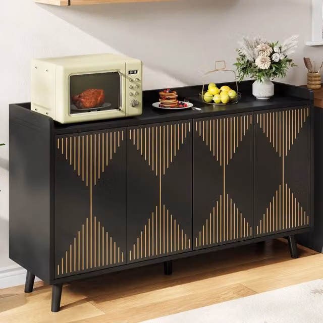 Credenza nera in MDF 140×40×84 cm con 4 ante e ripiani regolabili
