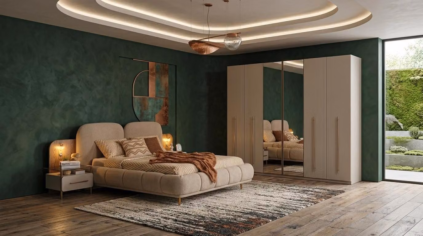 Mobili per camera da letto di design, letto imbottito, armadio, comodini