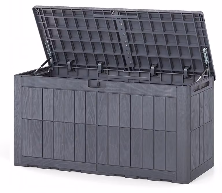KOMFOTTEU - Contenitore resistente alle intemperie da 380 litri, scatola di stoccaggio con coperchio, dotata di ammortizzatori a gas e maniglie, 2-in-1: panchina da esterno e contenitore per cuscini, attrezzi da giardino e accessori per la piscina