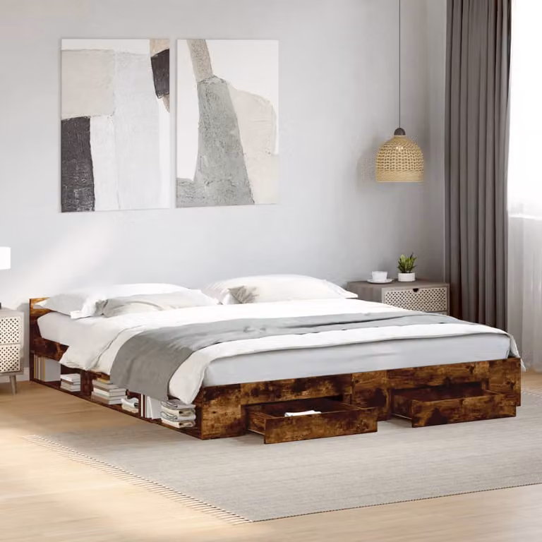 vidaXL Giroletto con Cassetti in Legno Multistrato Rovere Fumo Marrone 200x200 cm