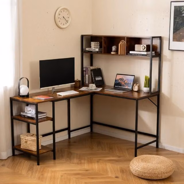 Scrivania per computer a forma di l con pensile ripiani e gancio libreria-Scrivania per computer ufficio domestico Marrone