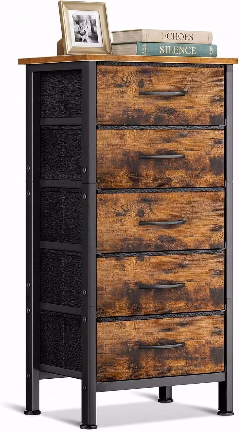 Comodino con 5 cassetti, ideale per la camera da letto, dimensioni 40x30x80 cm, realizzato in tessuto e acciaio, con piano in legno
